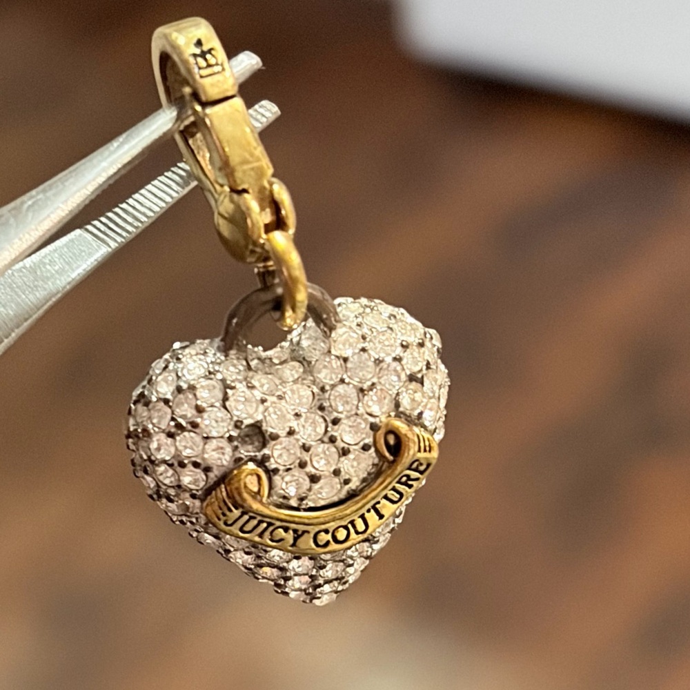 Juicy Couture Charm Logo Signature Crystals Gold Tone Puffed Pave Heart Vintage